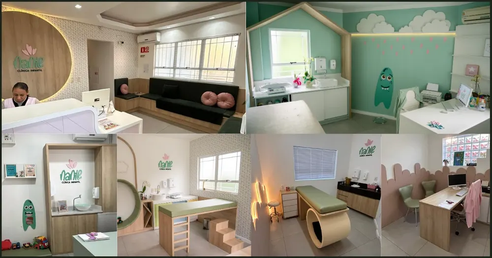Ambientes da Nanile Clínica Infantil: recepção e consultórios pensados para crianças